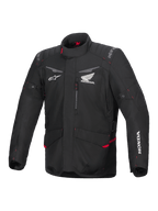 Alpinestars Honda ST-1 waterdichte motorjas, touring motorjas, zwart met rode accenten, Honda- en Alpinestars-logo's, hoge kraag, gewatteerde schouders en ellebogen, ritssluiting, voorzakken