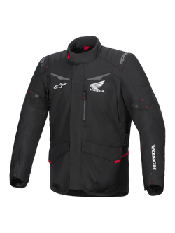 Alpinestars Honda ST-1 Waterproof Jacket, Motorcycle Touring Jacket, Black with Red Accents, Honda and Alpinestars Logos, High Collar, Padded Shoulders and Elbows, Zipper Closure, Front Pockets