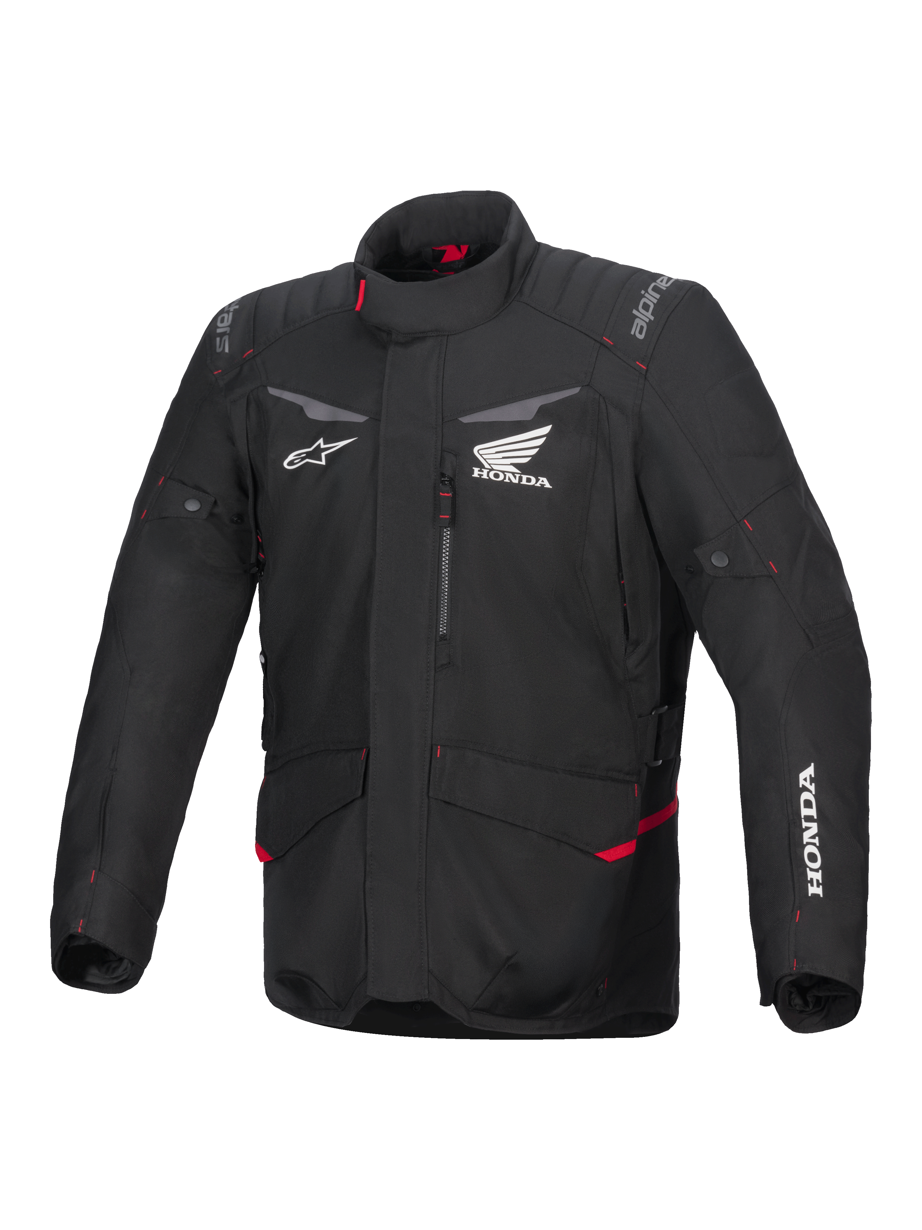 Alpinestars Honda ST-1 waterdichte motorjas, touring motorjas, zwart met rode accenten, Honda- en Alpinestars-logo's, hoge kraag, gewatteerde schouders en ellebogen, ritssluiting, voorzakken