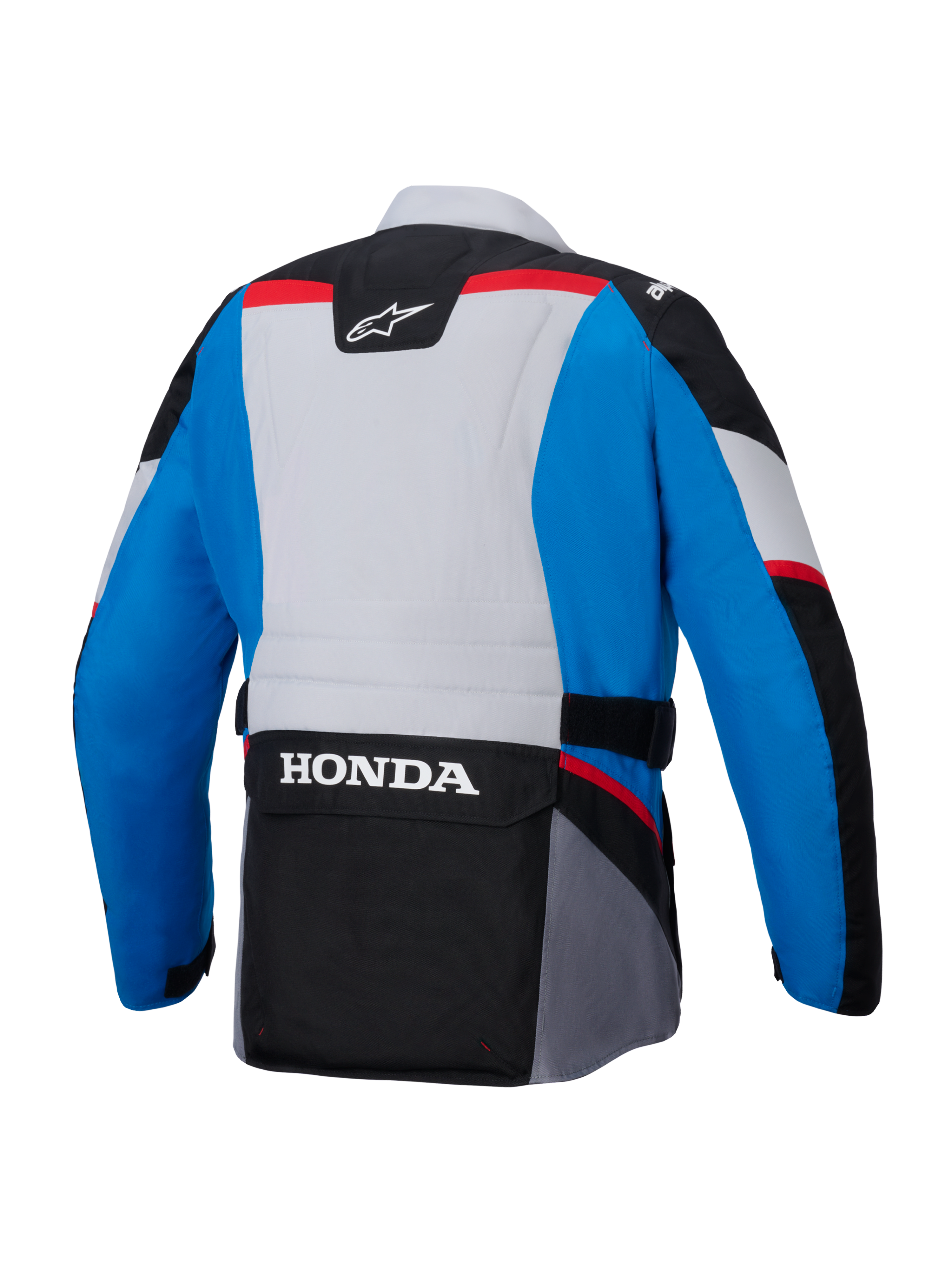 Alpinestars Honda ST-1 waterdichte jas, achteraanzicht, blauw en lichtgrijs met zwarte panelen en rode accenten, grote witte HONDA-branding op de cargozak op de onderrug, adventure touring stijl textiel jas