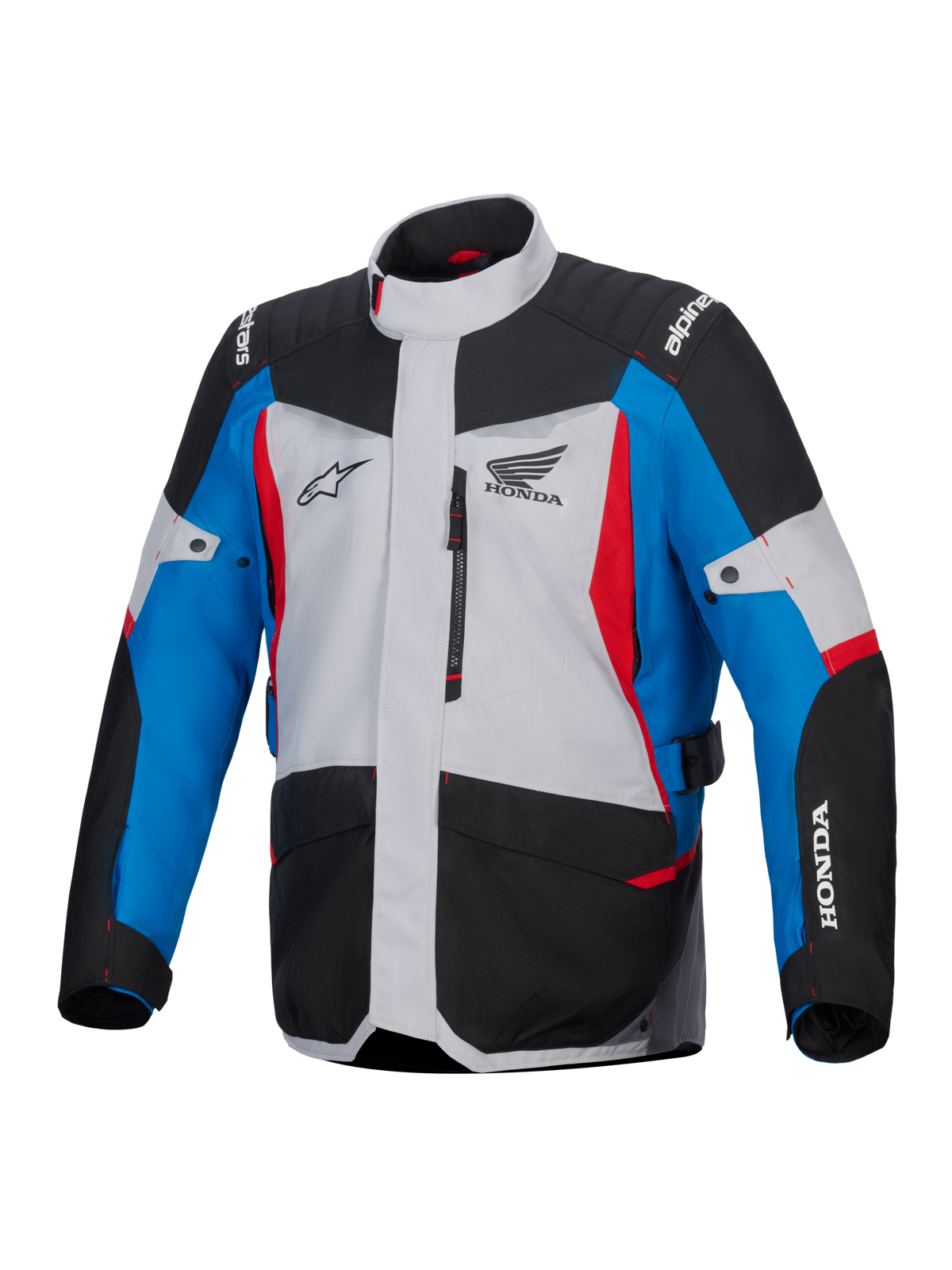 Alpinestars Honda ST-1 wasserdichte Jacke, Motorrad-Tourenjacke, Eisgrau, Schwarz und Blau mit roten Akzenten, Honda- und Alpinestars-Logos, Vorderansicht mit Reißverschluss-Brusttasche und Cargotaschen, wetterfestes Adventure-Touring-Design