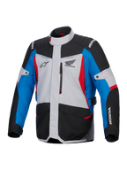 Alpinestars Honda ST-1 waterdichte jas, motor tourjas, ijsgrijs, zwart en blauw met rode accenten, voorzien van Honda- en Alpinestars-logo's, vooraanzicht met borstzak met rits en cargozakken, weersbestendig adventure touring-ontwerp