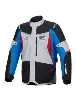 Alpinestars Honda ST-1 waterdichte jas, motor tourjas, ijsgrijs, zwart en blauw met rode accenten, voorzien van Honda- en Alpinestars-logo's, vooraanzicht met borstzak met rits en cargozakken, weersbestendig adventure touring-ontwerp