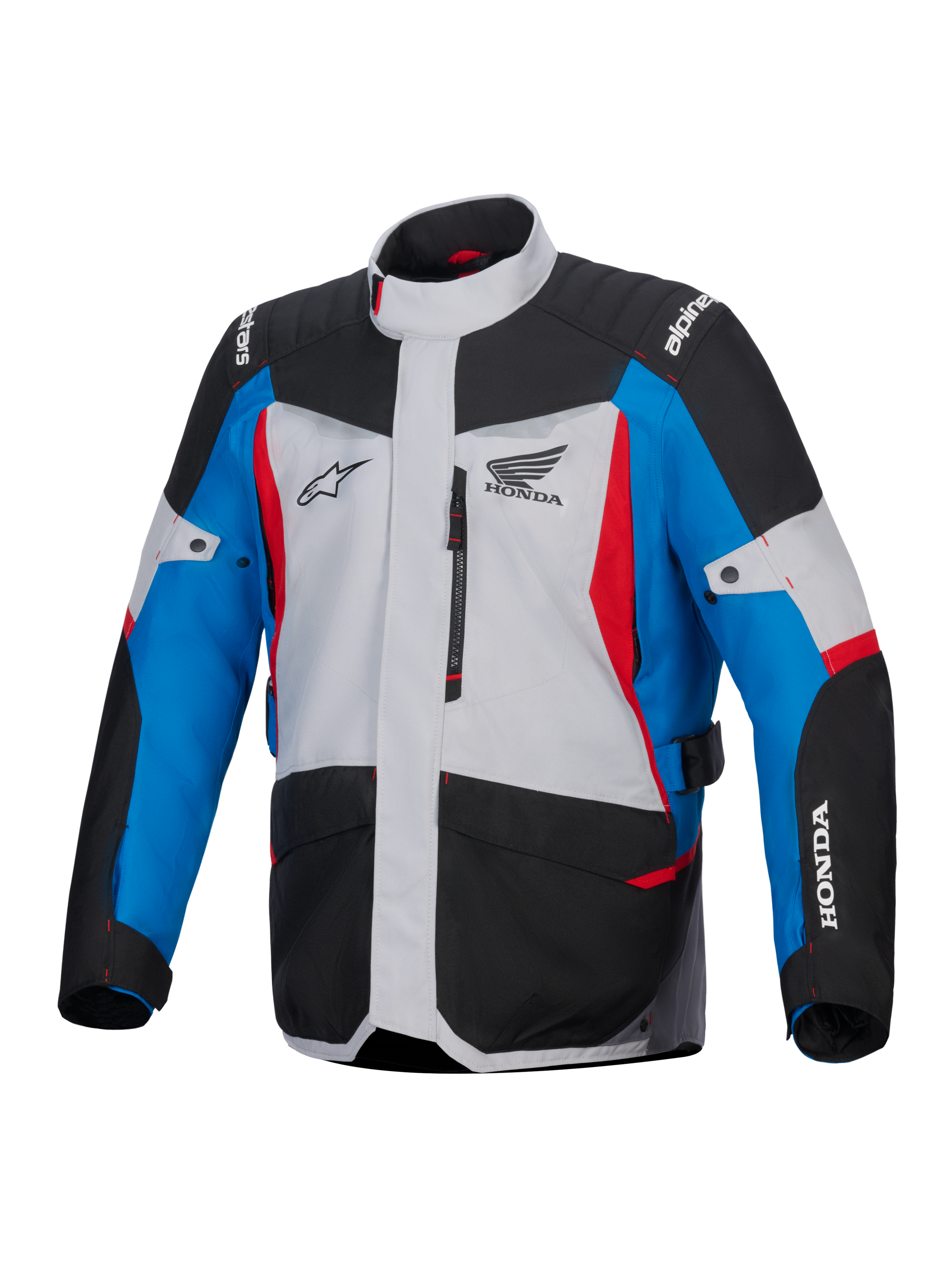 Alpinestars Honda ST-1 waterdichte jas, motor tourjas, ijsgrijs, zwart en blauw met rode accenten, voorzien van Honda- en Alpinestars-logo's, vooraanzicht met borstzak met rits en cargozakken, weersbestendig adventure touring-ontwerp