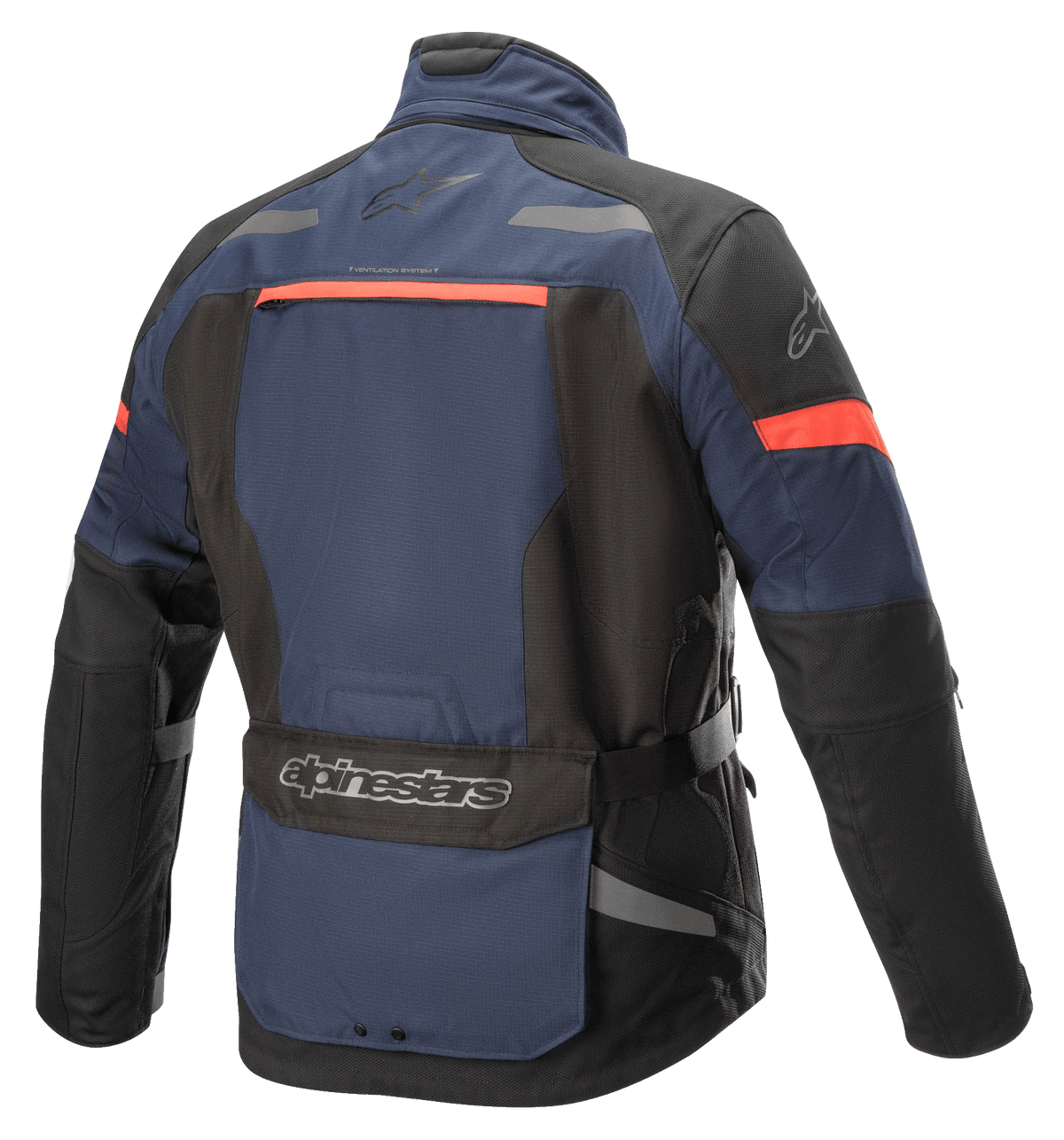Alpinestars Valparaiso V3 Drystar® Jacke, Adventure-Touring-Motorradjacke, Dunkelblau und Schwarz mit rot-orangenen Akzenten, Rückansicht mit einer großen Rückentasche, reflektierenden Details und Belüftungsöffnungen.