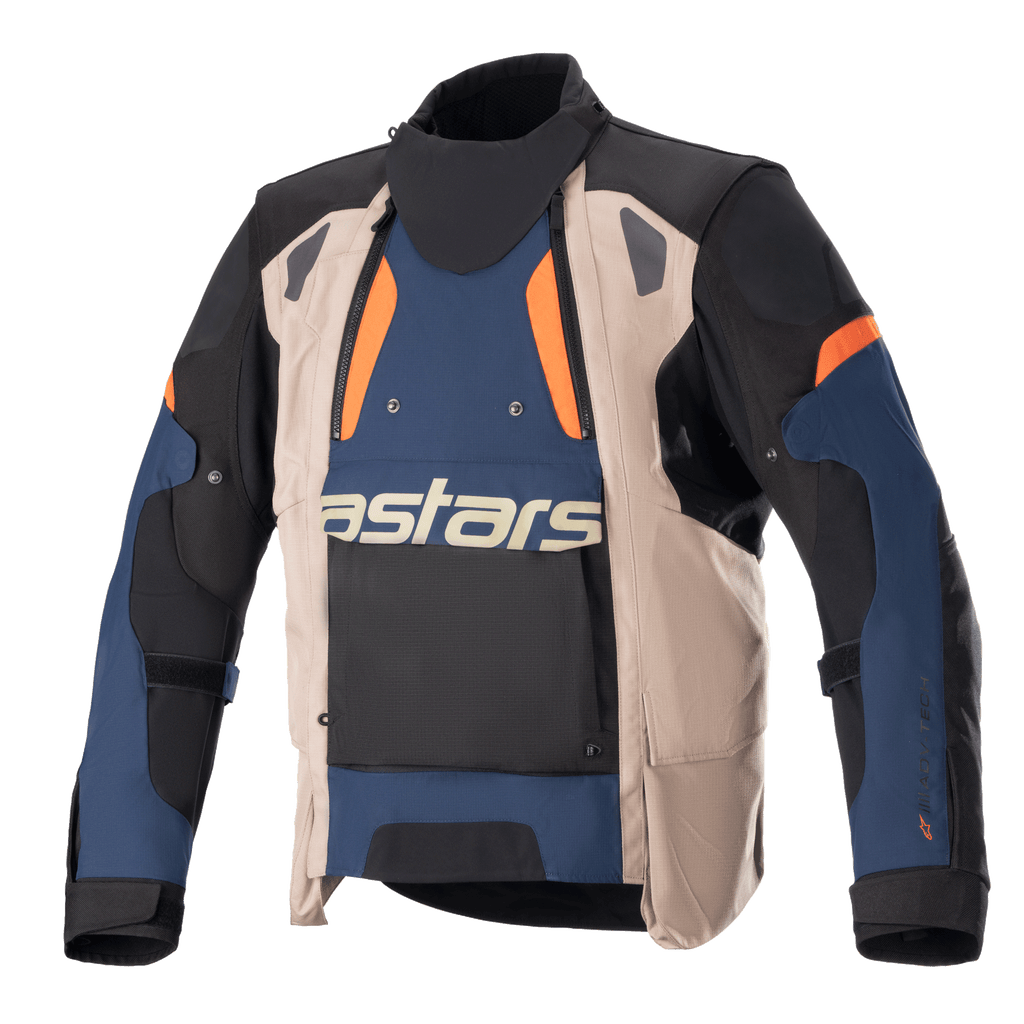 Alpinestars Halo Drystar® Jacket, Adventure Motorcycle Touring Jacket, Dark Blue, Dark Khaki, and Flame Orange, featuring an asymmetric front with a wide vent panel, bold 'astars' branding on the chest, high collar, and rugged textile construction for all-weather protection.