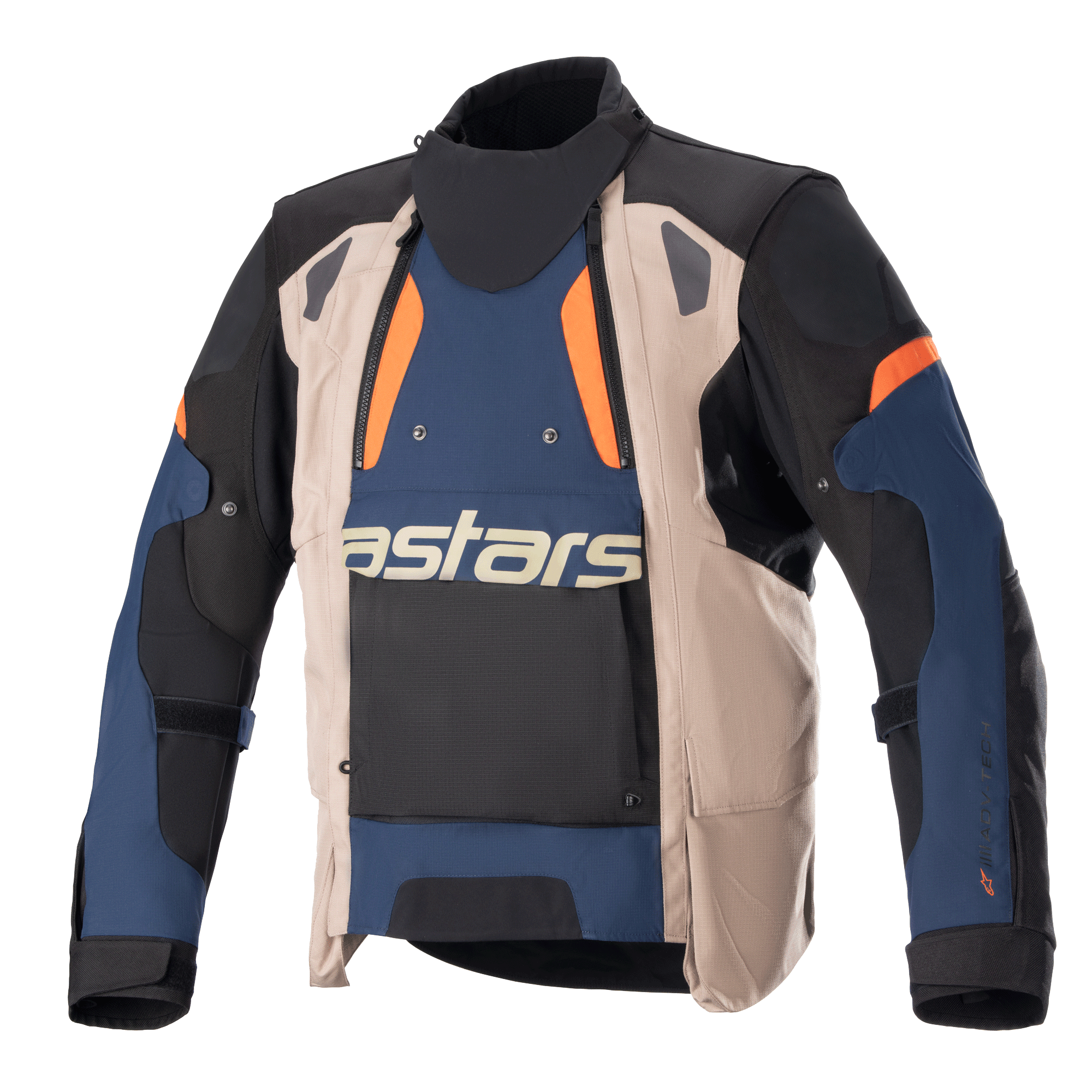 Alpinestars Halo Drystar® Jacket, Adventure Motorcycle Touring Jacket, Dark Blue, Dark Khaki, and Flame Orange, featuring an asymmetric front with a wide vent panel, bold 'astars' branding on the chest, high collar, and rugged textile construction for all-weather protection.