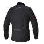Alpinestars Monteira Drystar® XF Jacke, Adventure-Touring-Motorradjacke, Schwarz mit leuchtend roten Ärmeldetails, Rückansicht mit grauen Alpinestars-Logos, verstellbarem Taillengurt und strapazierfähiger, wasserdichter Textilhülle