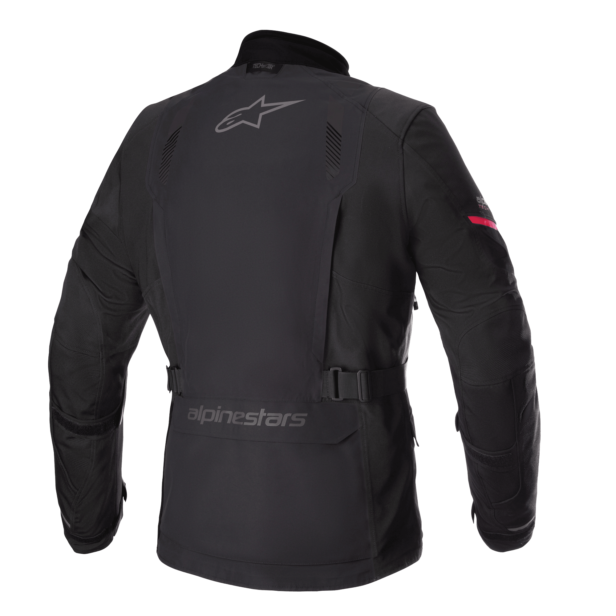 Alpinestars Monteira Drystar® XF Jacke, Adventure-Touring-Motorradjacke, Schwarz mit leuchtend roten Ärmeldetails, Rückansicht mit grauen Alpinestars-Logos, verstellbarem Taillengurt und strapazierfähiger, wasserdichter Textilhülle