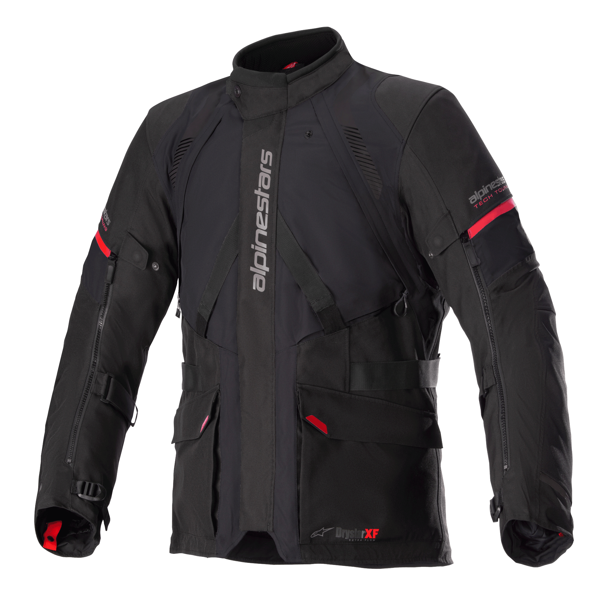 Alpinestars Monteira Drystar XF Jacket, Black and Bright Red, Adventure touring motorcycle jacket, waterproof laminated construction, featuring multiple utility pockets and adjustable straps, durable textile for all-weather protection