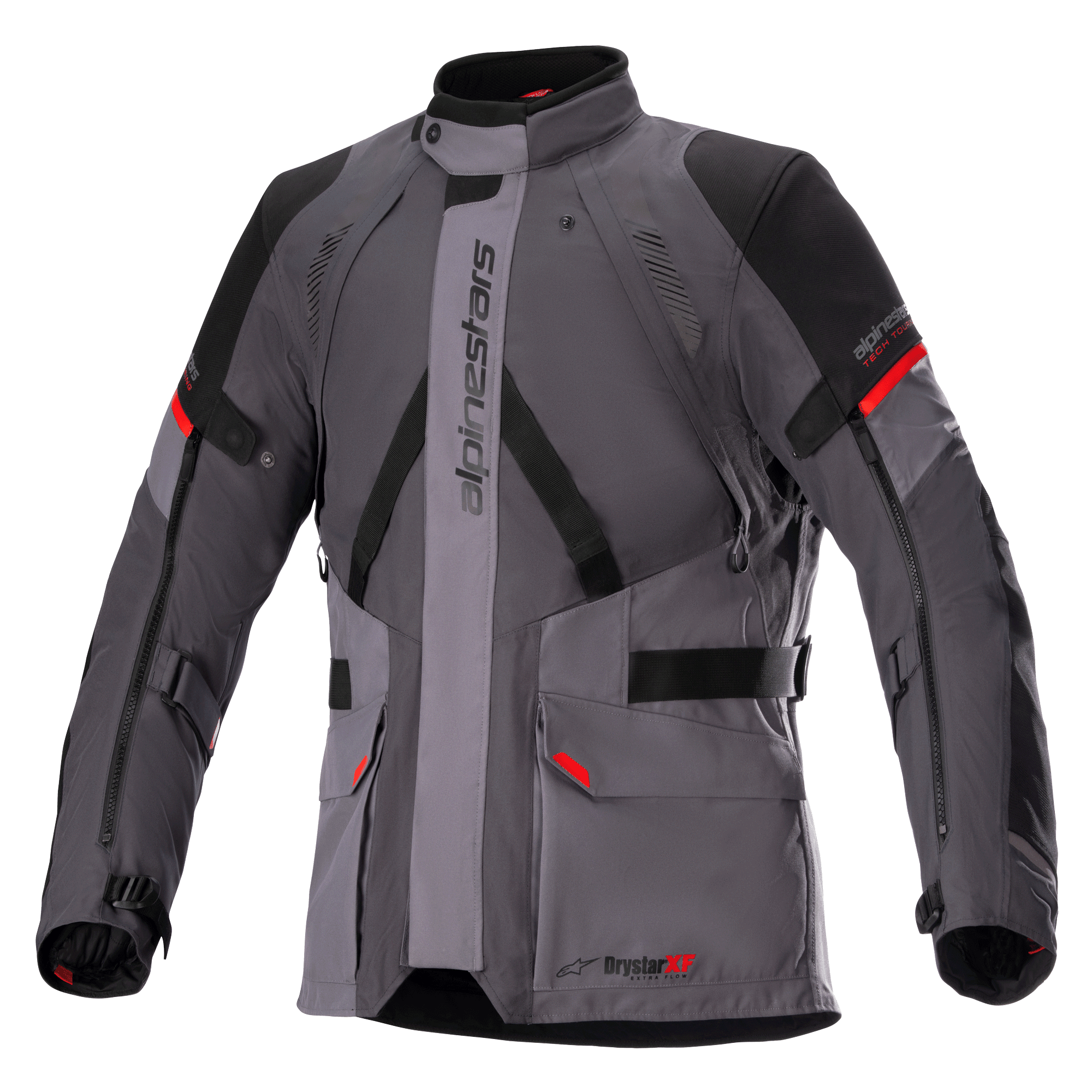 Alpinestars Monteira Drystar XF Jacke, Motorrad-Tourenjacke, Dunkelgrau und Teergrau mit schwarzen Einsätzen und leuchtend roten Akzenten, mit vorderen Cargo-Taschen, verstellbaren Taillen- und Armriemen, vertikalem Alpinestars-Schriftzug und hohem Kragen, entwickelt für Adventure-Fahrten
