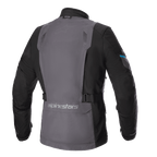 Alpinestars Monteira Drystar® XF Jas, adventure touring motorjas, Tar grijs en zwart met Methyl blauwe accenten, achteraanzicht met een groot grijs rugpaneel, verstelbare taillebanden en Alpinestars-branding op de onderrug.