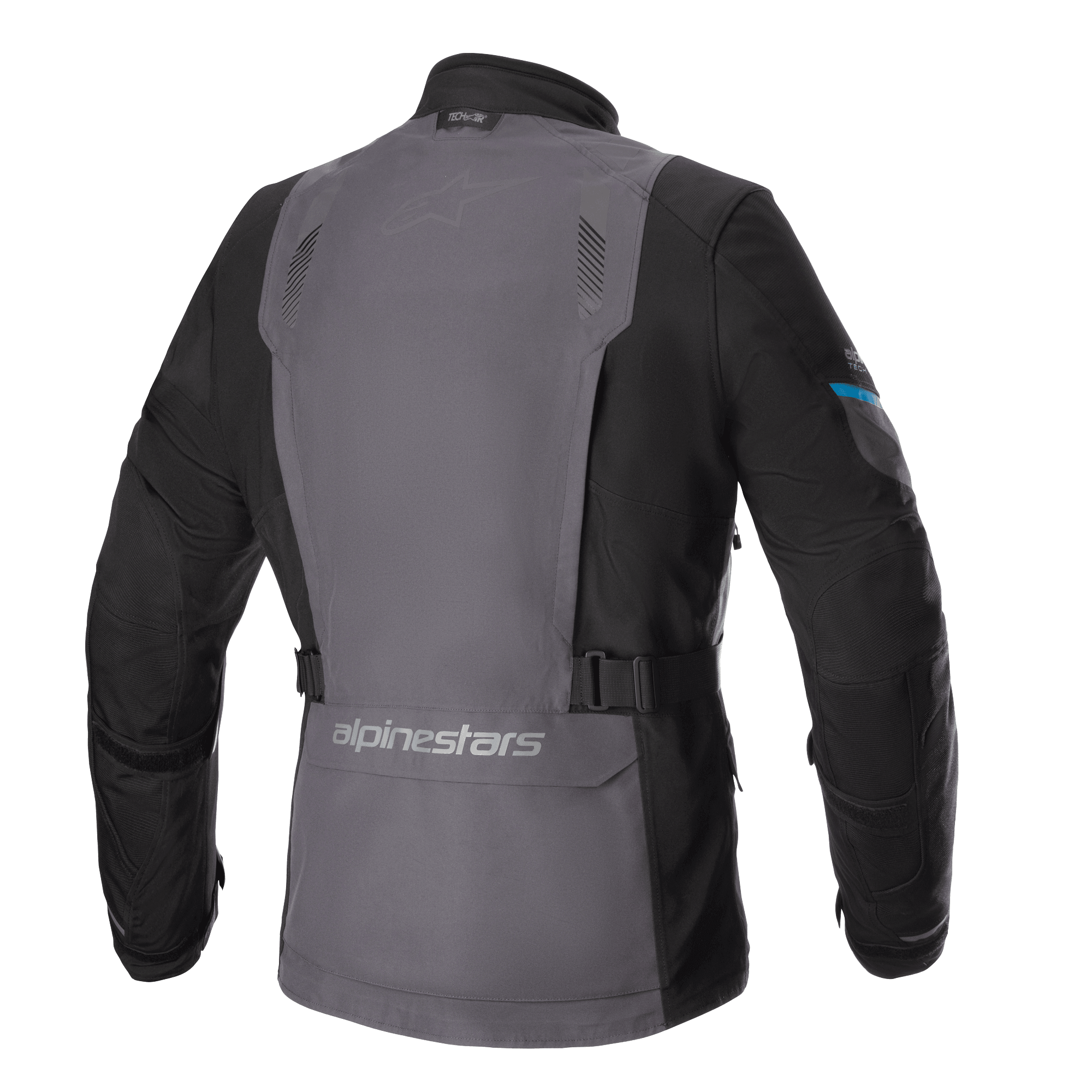 Alpinestars Monteira Drystar® XF Jas, adventure touring motorjas, Tar grijs en zwart met Methyl blauwe accenten, achteraanzicht met een groot grijs rugpaneel, verstelbare taillebanden en Alpinestars-branding op de onderrug.