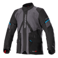 Alpinestars Monteira Drystar XF jas, adventure touring motorjas, grijs en zwart met Methyl Blue accenten, voorzien van meerdere voorzakken, verstelbare tailleriemen en verticale Alpinestars-branding op de borst, duurzame waterdichte textielconstructie