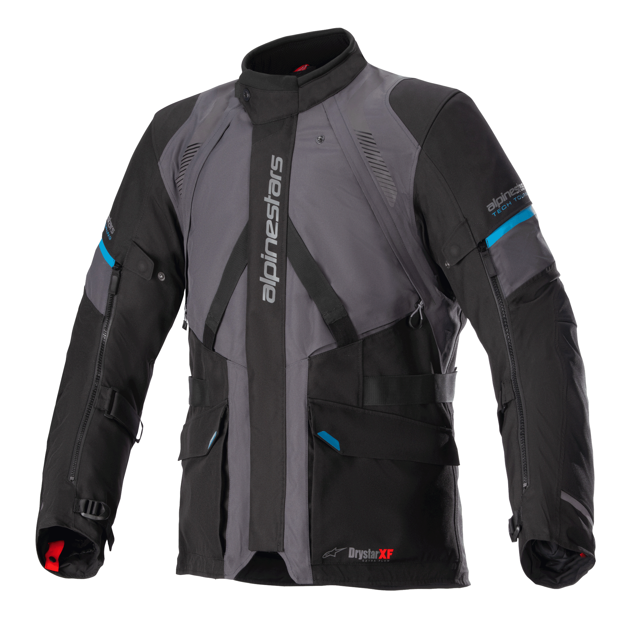 Alpinestars Monteira Drystar XF Jacket, Adventure Touring Motorcycle Jacket, Gray and Black with Methyl Blue accents, featuring multiple front pockets, adjustable waist straps, and vertical Alpinestars branding on the chest, durable waterproof textile construction