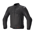 Alpinestars T-GP R V3 Drystar Jacke, komplett schwarze Sport-Textil-Motorradjacke, Vorderansicht, dezentes mattes Logo auf der Brust, orangefarbenes Drystar-Branding an der Taille, DFS-Schulter-Slider, wasserdichte und atmungsaktive technische Ausrüstung