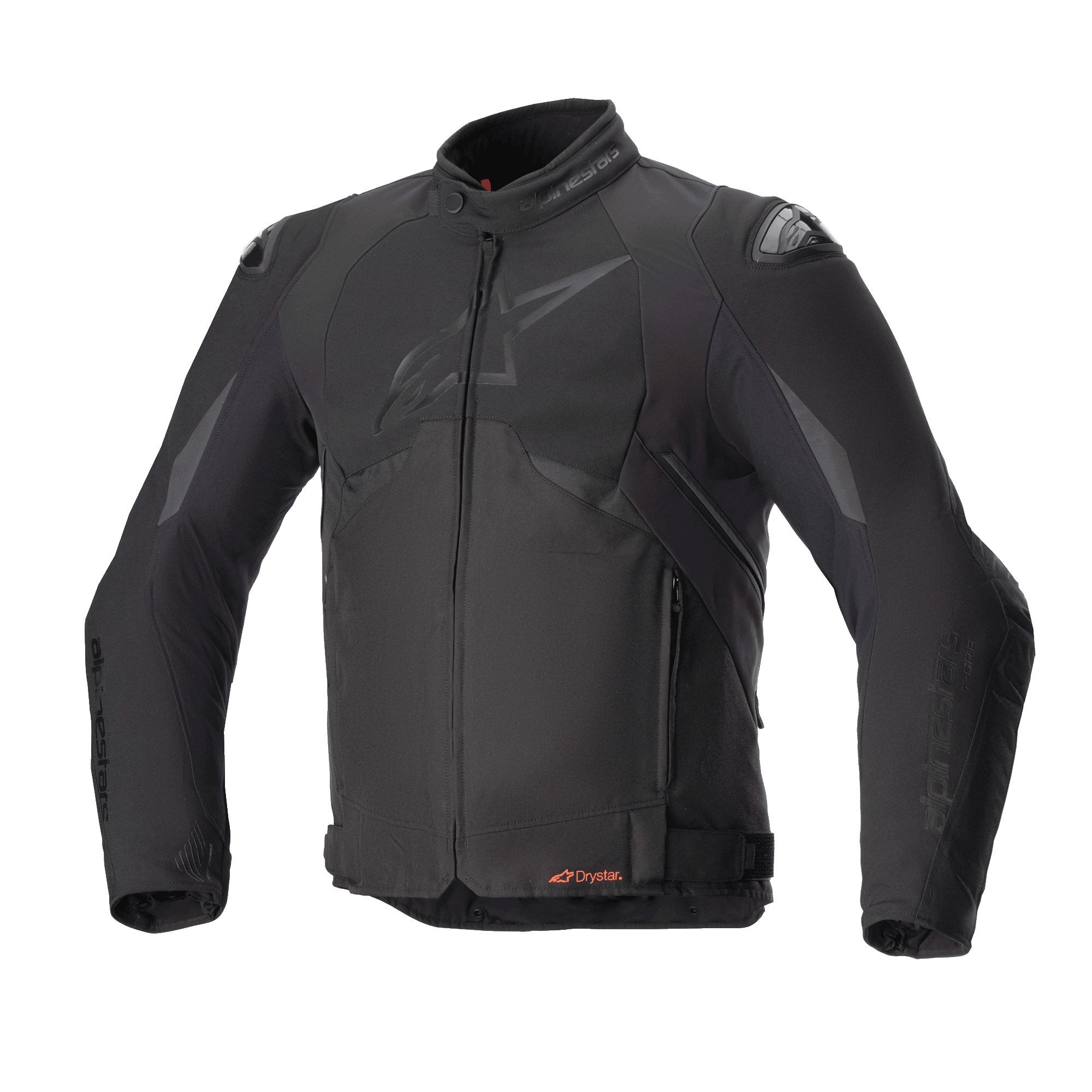 Alpinestars T-GP R V3 Drystar Jacke, komplett schwarze Sport-Textil-Motorradjacke, Vorderansicht, dezentes mattes Logo auf der Brust, orangefarbenes Drystar-Branding an der Taille, DFS-Schulter-Slider, wasserdichte und atmungsaktive technische Ausrüstung
