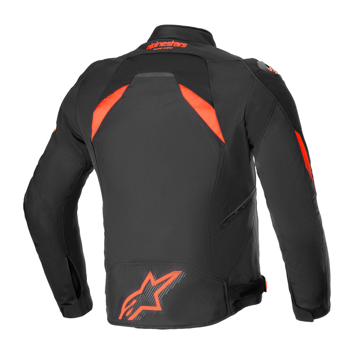 Alpinestars T-GP R V3 Drystar® Jacke, wasserdichte Sport-Textil-Motorradjacke, Schwarz und Fluo-Rot, Rückansicht mit einem großen fluoreszierenden Logo am unteren Rücken und gut sichtbaren Schulterpaneelen, technisches, vom Rennsport abgeleitetes Design