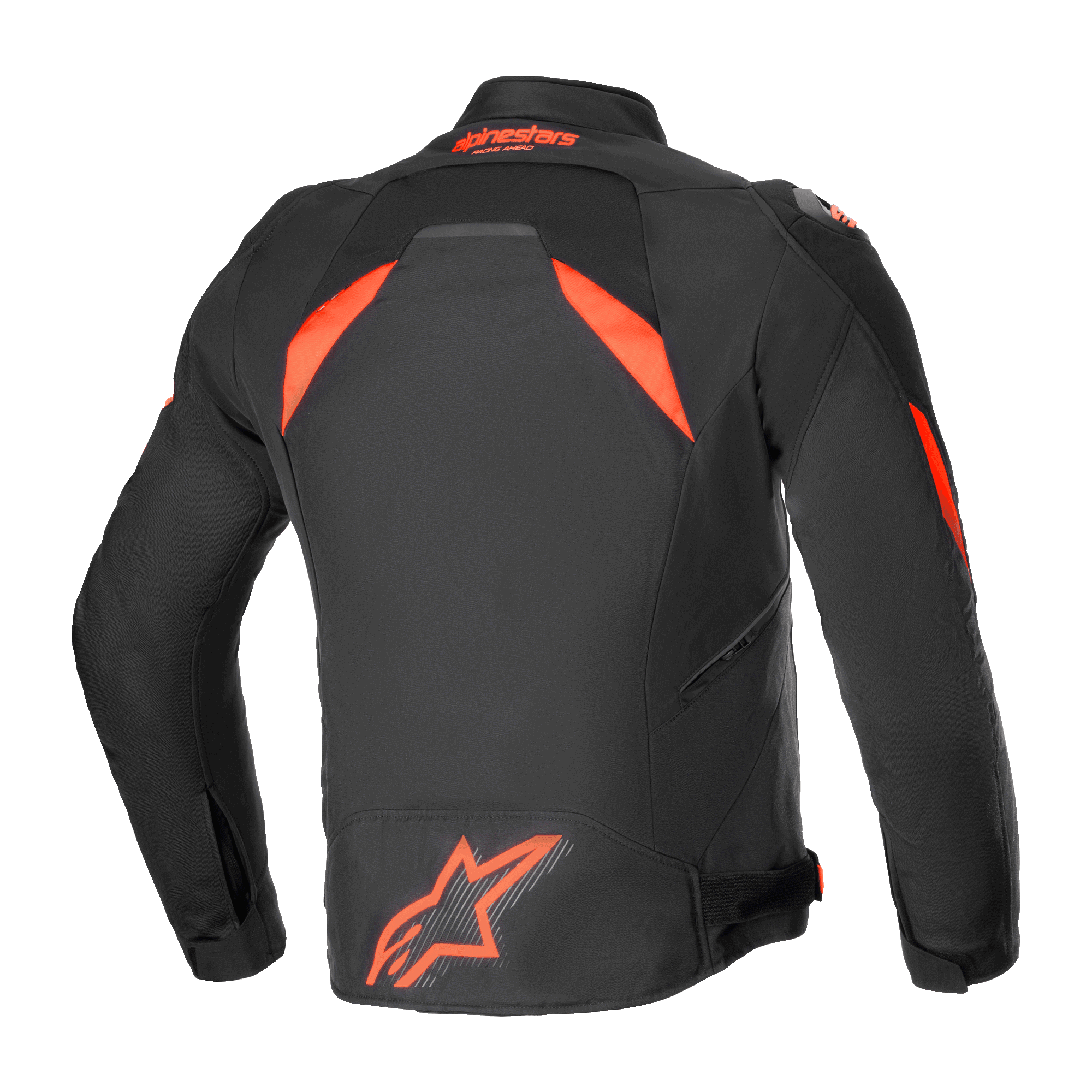 Alpinestars T-GP R V3 Drystar® Jacke, wasserdichte Sport-Textil-Motorradjacke, Schwarz und Fluo-Rot, Rückansicht mit einem großen fluoreszierenden Logo am unteren Rücken und gut sichtbaren Schulterpaneelen, technisches, vom Rennsport abgeleitetes Design