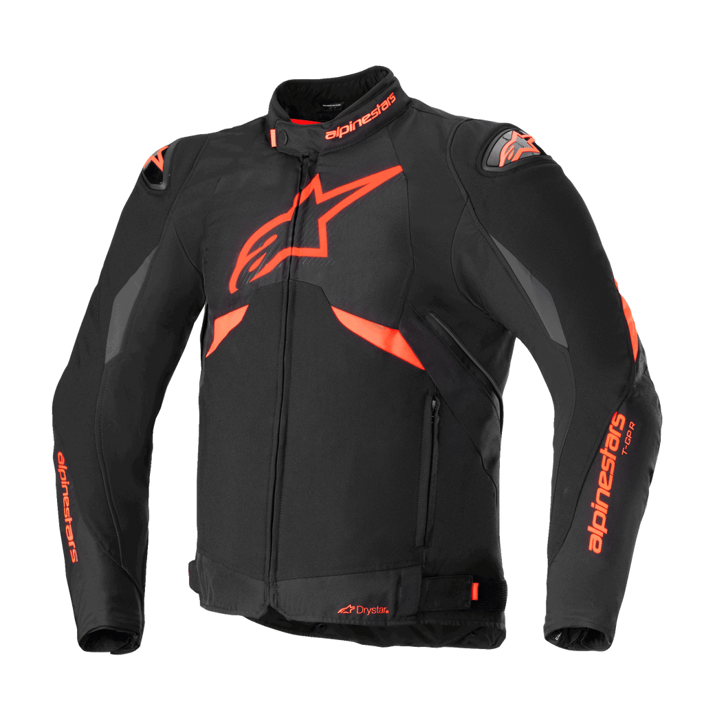 Alpinestars T-GP R V3 Drystar Jacke, Sport-Textilmotorradjacke, Schwarz und Fluo-Rot, mit grauen Schultereinsätzen, großem Stern-Logo auf der Brust, DFS-Schulterslidern und wasserdichter Drystar-Konstruktion