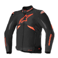 Alpinestars T-GP R V3 Drystar Jacke, Sport-Textilmotorradjacke, Schwarz und Fluo-Rot, mit grauen Schultereinsätzen, großem Stern-Logo auf der Brust, DFS-Schulterslidern und wasserdichter Drystar-Konstruktion