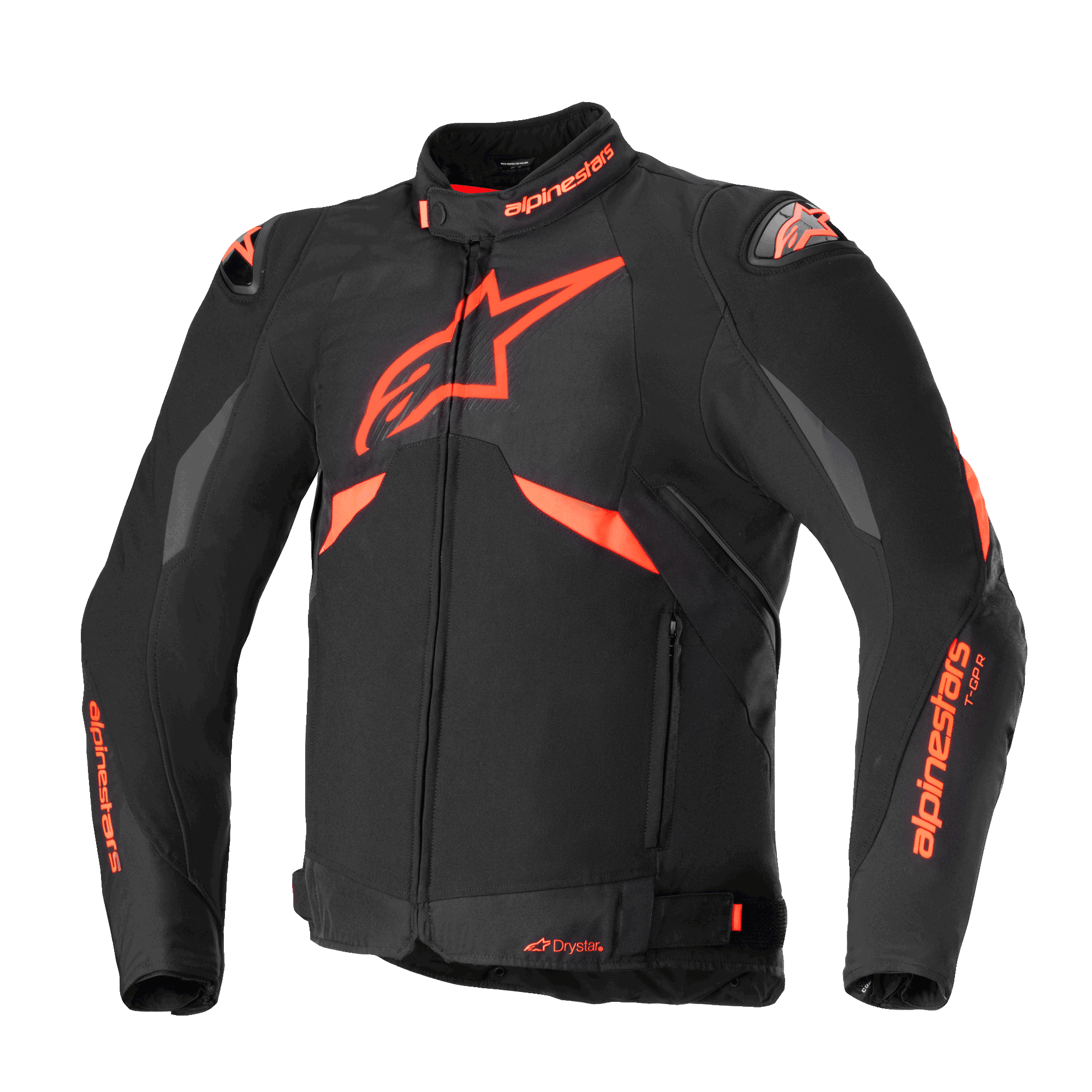Alpinestars T-GP R V3 Drystar Jacke, Sport-Textilmotorradjacke, Schwarz und Fluo-Rot, mit grauen Schultereinsätzen, großem Stern-Logo auf der Brust, DFS-Schulterslidern und wasserdichter Drystar-Konstruktion