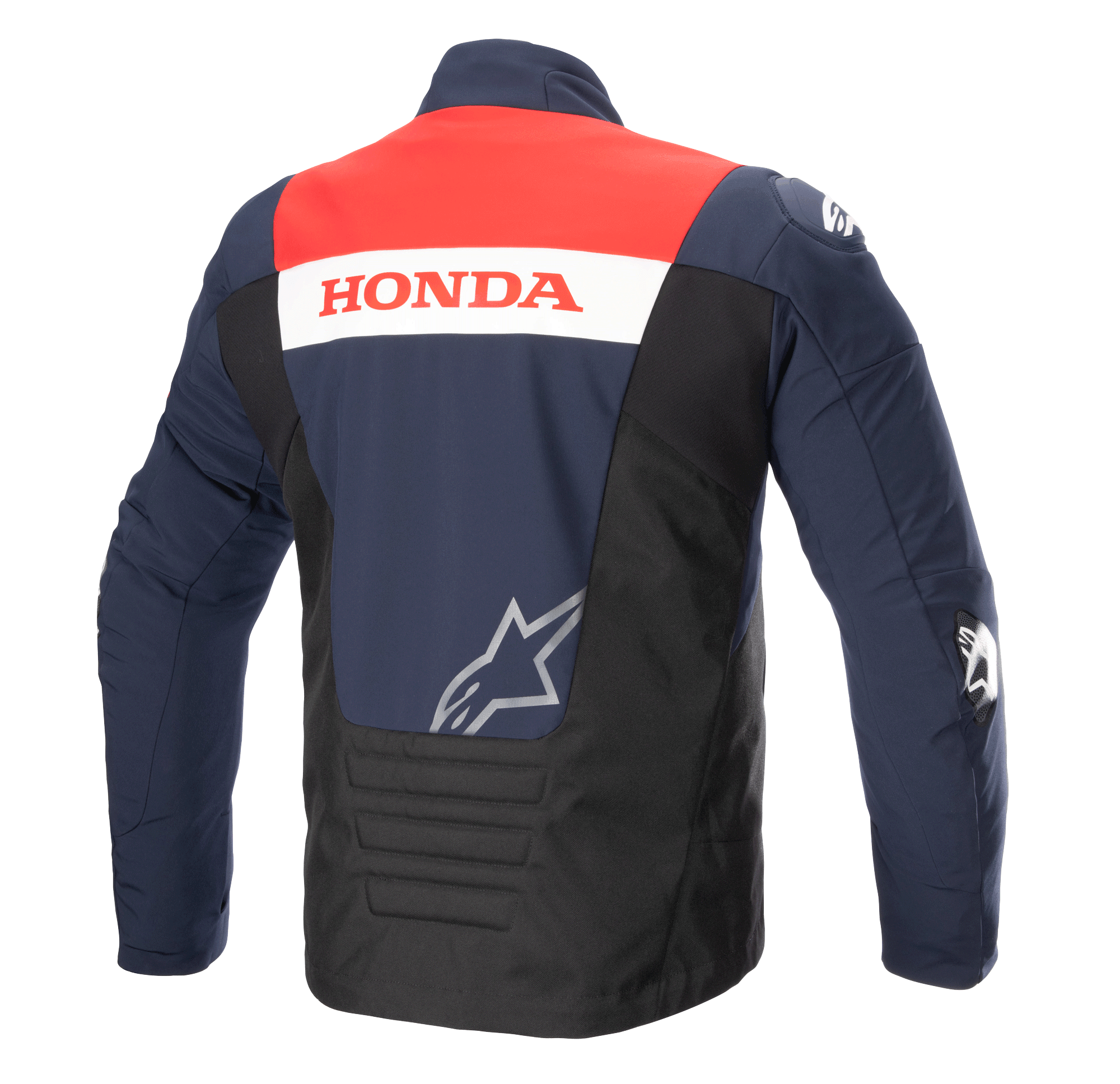 Achteraanzicht van de Alpinestars Honda SMX Waterproof Softshell jas, kleurenschema in Night Navy, zwart en felrood, met 'HONDA' branding op een witte streep en een zilverkleurig Alpinestars-logo, ontworpen voor motorrijden op de weg