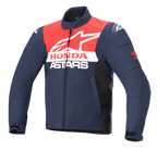 Alpinestars Honda SMX waterdichte softshell jas, motorjas, Night Navy, zwart en felrood, witte Alpinestars- en Honda-branding op de borst, hoge kraag, ritssluiting aan de voorkant, glad waterbestendig textielmateriaal