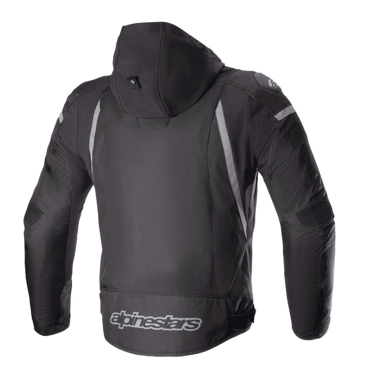Alpinestars Zaca Waterproof Jacke, Textil-Motorradsportjacke, Schwarz und Dunkelgrau, Rückansicht mit abnehmbarer Kapuze, grauen reflektierenden Akzenten und Alpinestars-Logo am unteren Rücken