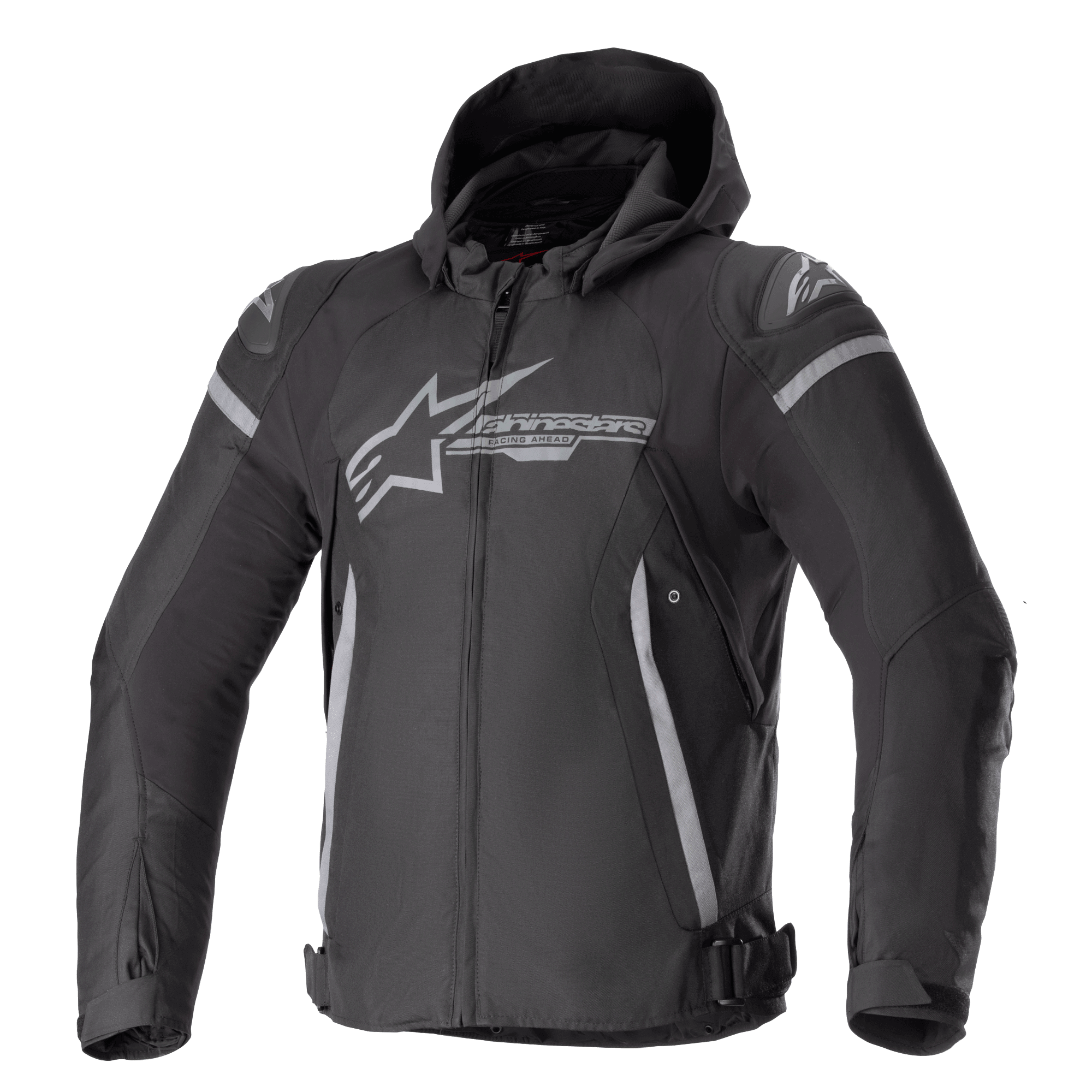 Alpinestars Zaca Wasserdichte Jacke, Motorrad-Sportjacke, Schwarz und Dunkelgrau, mit abnehmbarer Kapuze, großem grauem Brust-Logo, hellgrauen Akzenten an Schultern und Seiten, verstellbaren Taillenriemen und Reißverschluss vorne, sportliche Textilkonstruktion