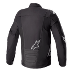 Alpinestars SMX Waterproof Jacke, Schwarz Dunkelgrau, Rückansicht, mit weißem Alpinestars-Logo am unteren Rücken und an der Schulter, gepolstertem unteren Rückenbereich, technische Textil- und Softshell-Motorradjacke