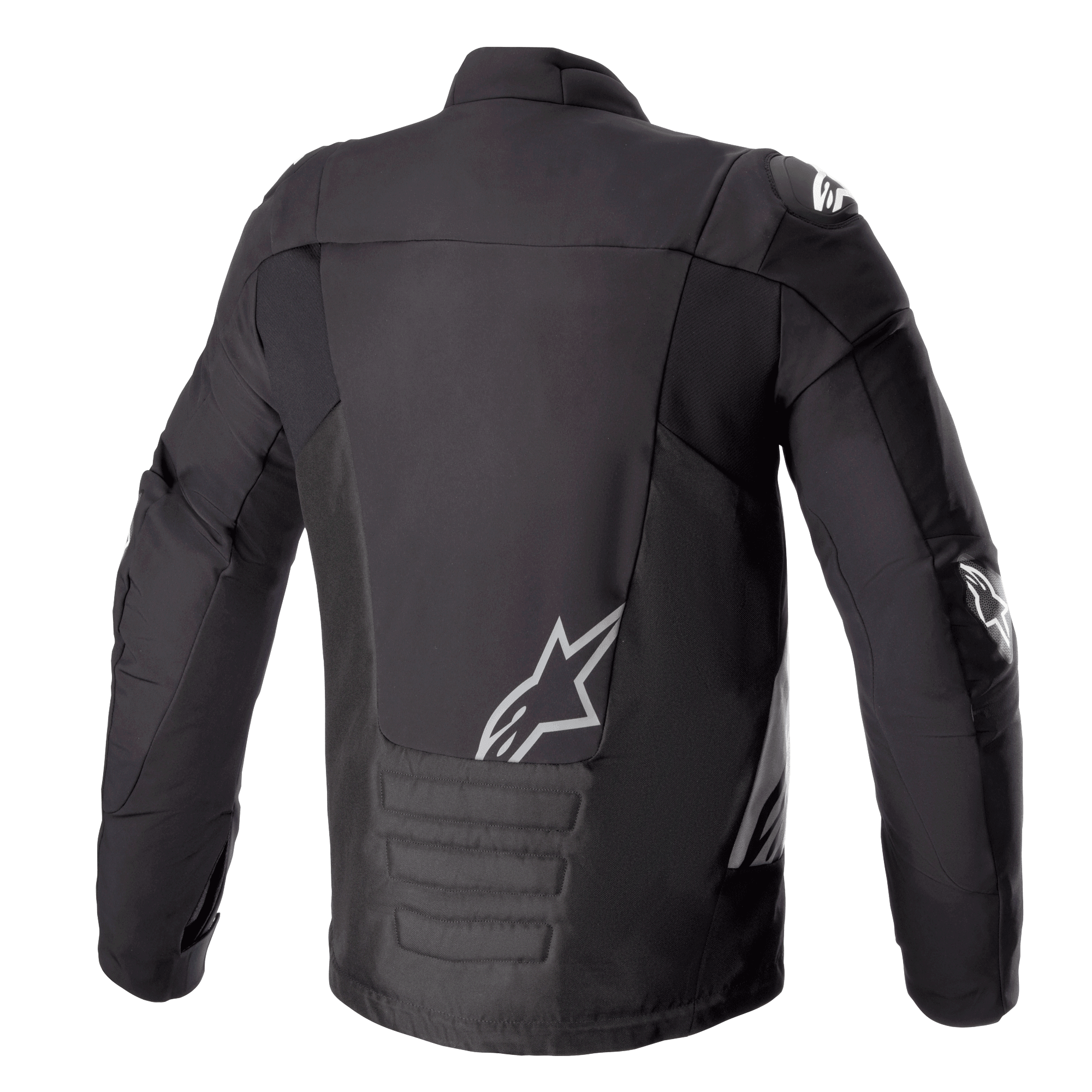 Alpinestars SMX Waterproof Jacke, Schwarz Dunkelgrau, Rückansicht, mit weißem Alpinestars-Logo am unteren Rücken und an der Schulter, gepolstertem unteren Rückenbereich, technische Textil- und Softshell-Motorradjacke