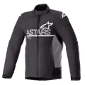 Alpinestars SMX Waterproof Jacke, Motorradjacke, Schwarz mit dunkelgrauen Seitenpaneelen, weißes ASTARS-Brustlogo und Stern-Logos an den Schultern, Textil- und Softshell-Konstruktion, durchgehender Frontreißverschluss, hoher Kragen, verstellbare Klettverschlüsse an den Manschetten