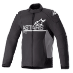 Alpinestars SMX Waterproof Jacke, Motorradjacke, Schwarz mit dunkelgrauen Seitenpaneelen, weißes ASTARS-Brustlogo und Stern-Logos an den Schultern, Textil- und Softshell-Konstruktion, durchgehender Frontreißverschluss, hoher Kragen, verstellbare Klettverschlüsse an den Manschetten