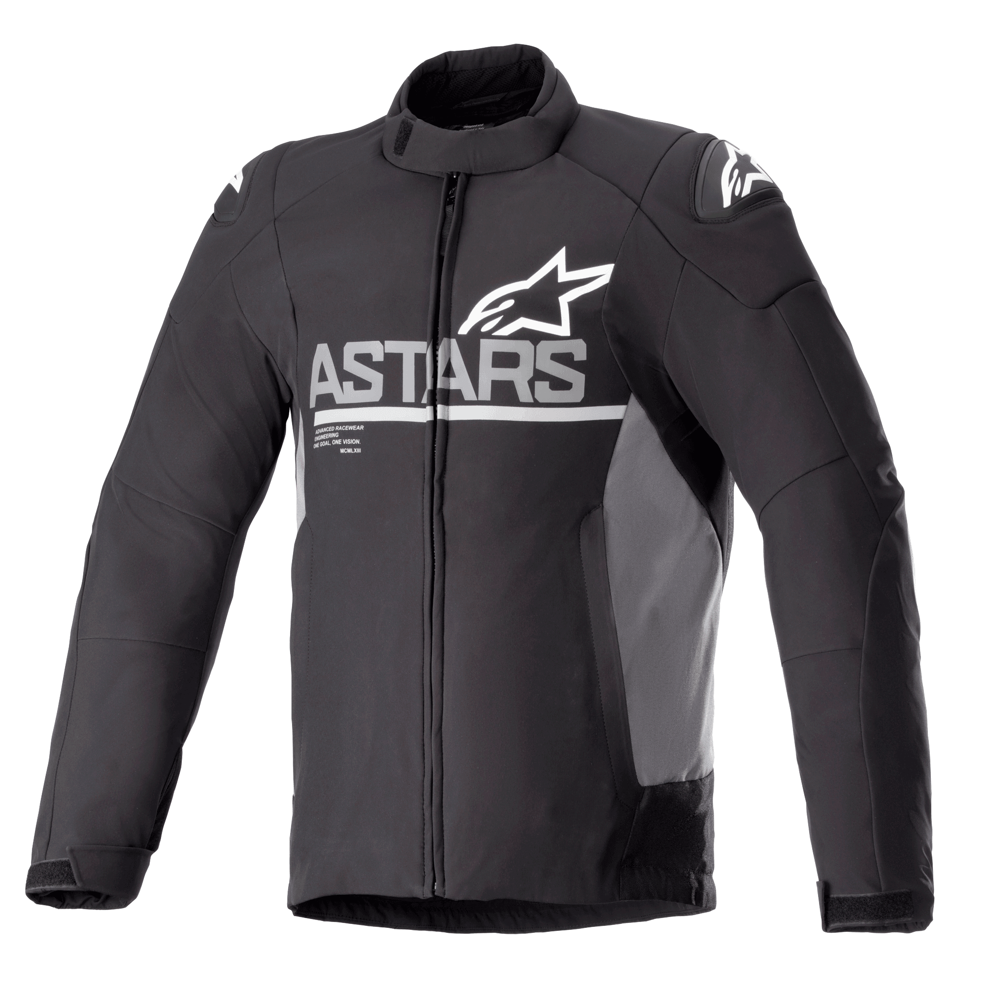 Alpinestars SMX Waterproof Jacke, Motorradjacke, Schwarz mit dunkelgrauen Seitenpaneelen, weißes ASTARS-Brustlogo und Stern-Logos an den Schultern, Textil- und Softshell-Konstruktion, durchgehender Frontreißverschluss, hoher Kragen, verstellbare Klettverschlüsse an den Manschetten