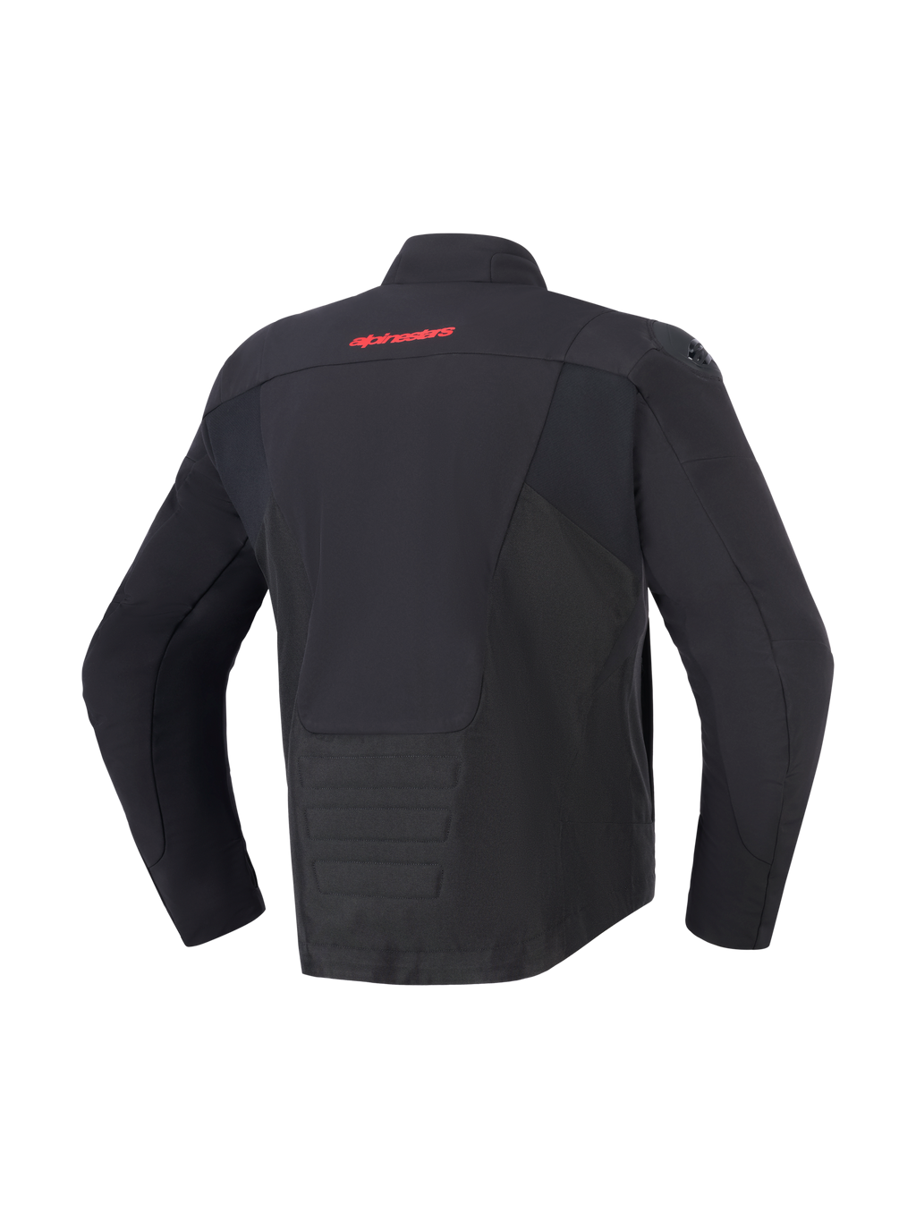 Alpinestars SMX Waterproof Jacke, Schwarz, Rückansicht mit rotem Alpinestars-Logo auf dem oberen Rücken, verlängerter Saum am Rücken für mehr Abdeckung, Textil- und Softshell-Paneele, schützende Motorradausrüstung für Straßen- und Sportfahrten.