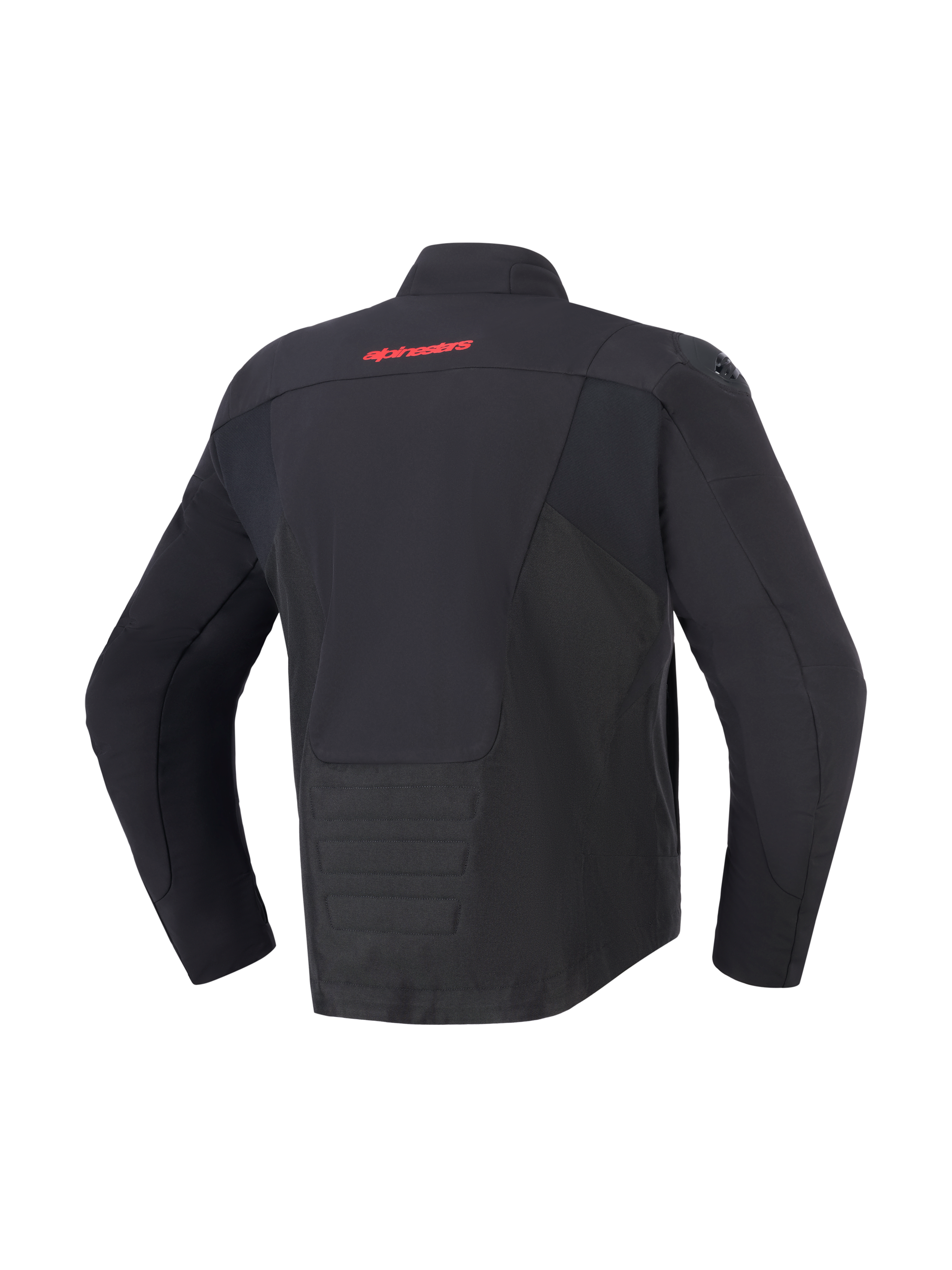 Alpinestars SMX Waterproof Jacke, Schwarz, Rückansicht mit rotem Alpinestars-Logo auf dem oberen Rücken, verlängerter Saum am Rücken für mehr Abdeckung, Textil- und Softshell-Paneele, schützende Motorradausrüstung für Straßen- und Sportfahrten.