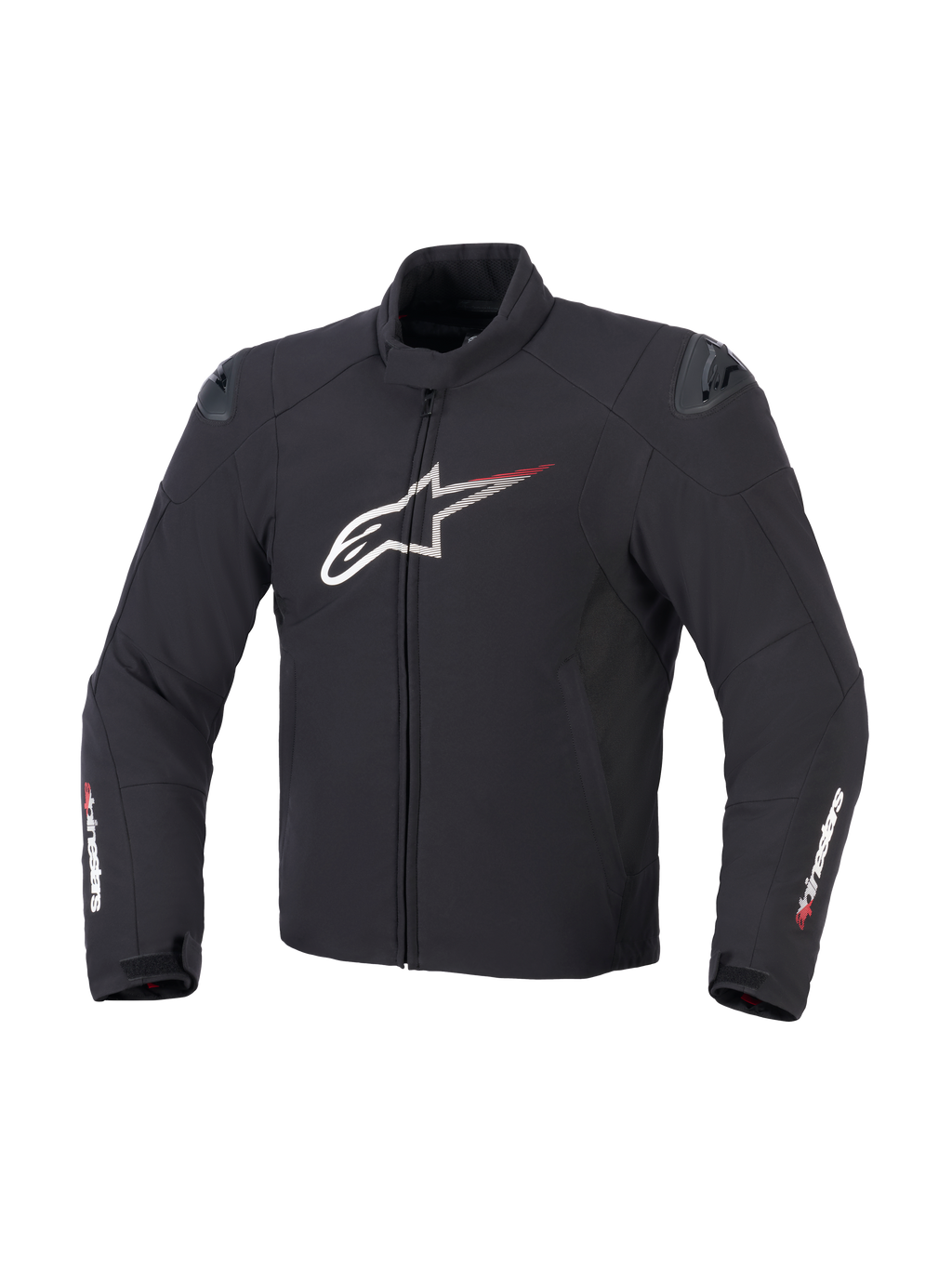 Alpinestars SMX Waterproof Jacke in Schwarz, Weiß und leuchtendem Rot, Vorderansicht mit Textilkonstruktion, großes weißes Astar-Brustlogo mit roten Speed-Lines, externe DFS Lite Schulterschleifer und Alpinestars-Branding auf den Ärmeln.