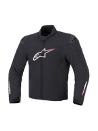 Alpinestars SMX Waterproof Jacke in Schwarz, Weiß und leuchtendem Rot, Vorderansicht mit Textilkonstruktion, großes weißes Astar-Brustlogo mit roten Speed-Lines, externe DFS Lite Schulterschleifer und Alpinestars-Branding auf den Ärmeln.