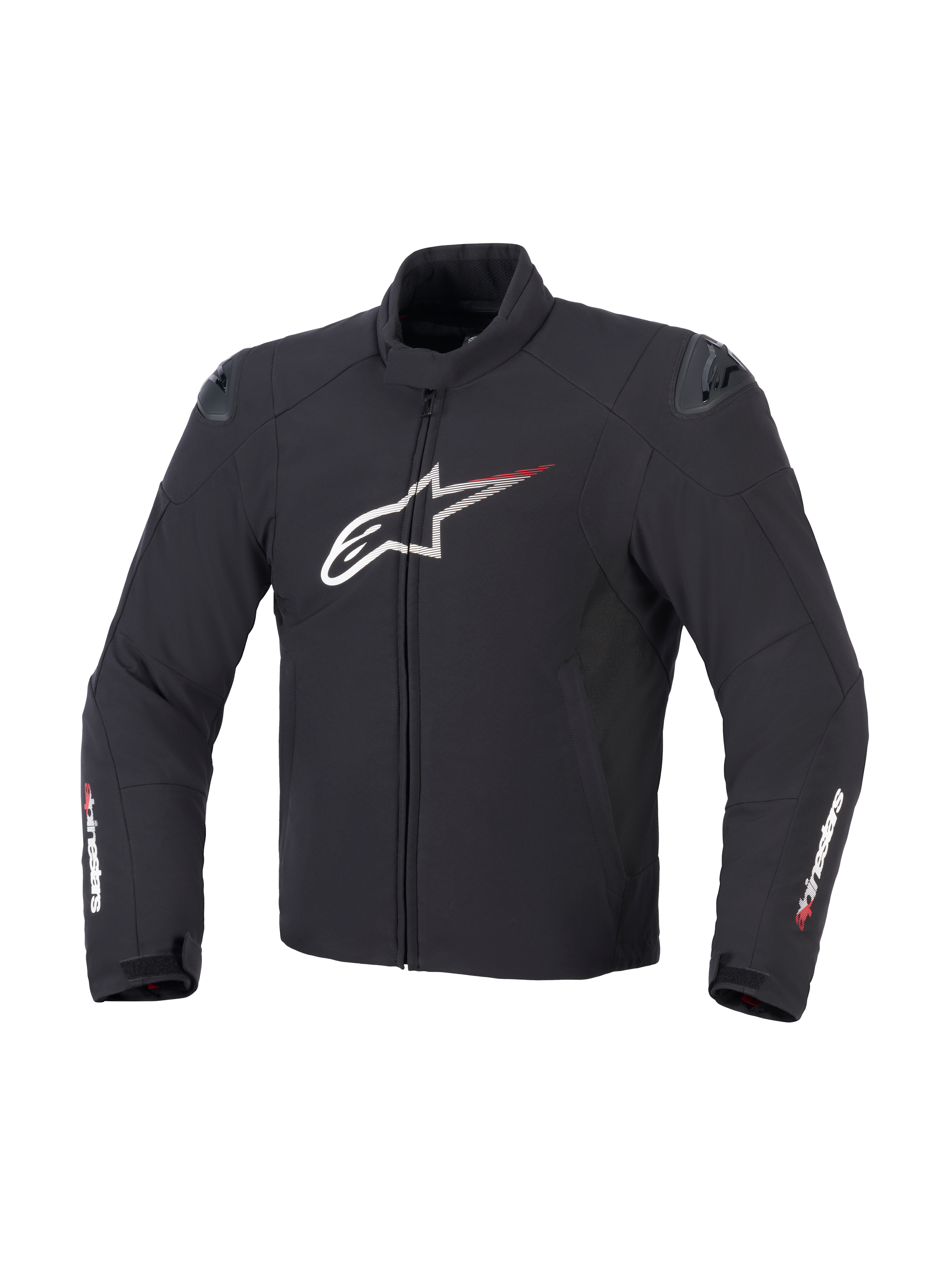 Alpinestars SMX Waterproof Jacke in Schwarz, Weiß und leuchtendem Rot, Vorderansicht mit Textilkonstruktion, großes weißes Astar-Brustlogo mit roten Speed-Lines, externe DFS Lite Schulterschleifer und Alpinestars-Branding auf den Ärmeln.
