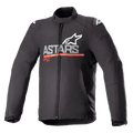 Alpinestars SMX Waterproof Jacke, Textil-Motorradjacke, Schwarz mit Dunkelgrau und leuchtendem Rot, mit ASTARS-Branding und Stern-Logo auf der Brust, horizontalem rotem Streifen, weißen Logos auf den Schultern, hohem Kragen und Frontreißverschluss, schützendes und wetterbeständiges Sportdesign