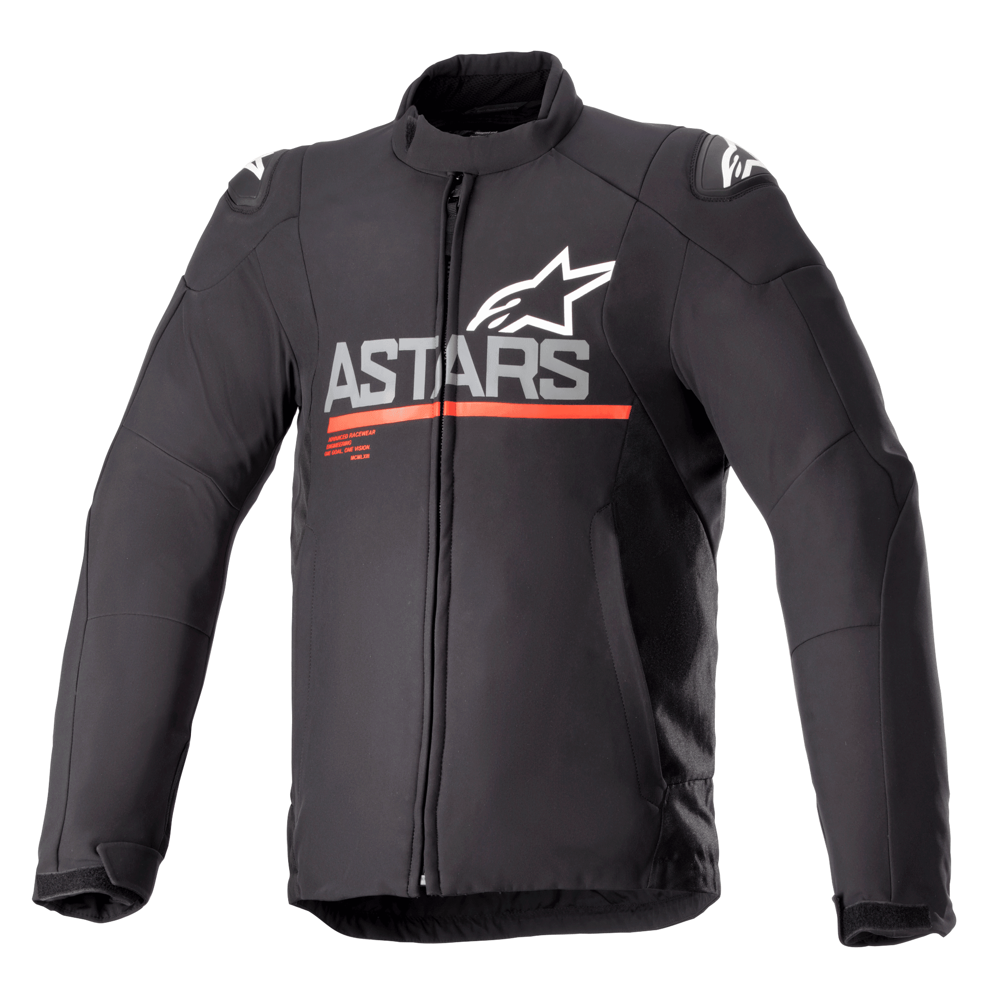 Alpinestars SMX Waterproof Jacke, Textil-Motorradjacke, Schwarz mit Dunkelgrau und leuchtendem Rot, mit ASTARS-Branding und Stern-Logo auf der Brust, horizontalem rotem Streifen, weißen Logos auf den Schultern, hohem Kragen und Frontreißverschluss, schützendes und wetterbeständiges Sportdesign
