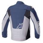 Alpinestars SMX Wasserdichte Jacke, Rückansicht, Night Navy und Dunkelgrau, mit Farbblock-Einsätzen in Marineblau und Hellgrau sowie schwarzen Akzenten, weißem Stern-Logo auf dem unteren Rücken und gepolsterten horizontalen Steppnähten.