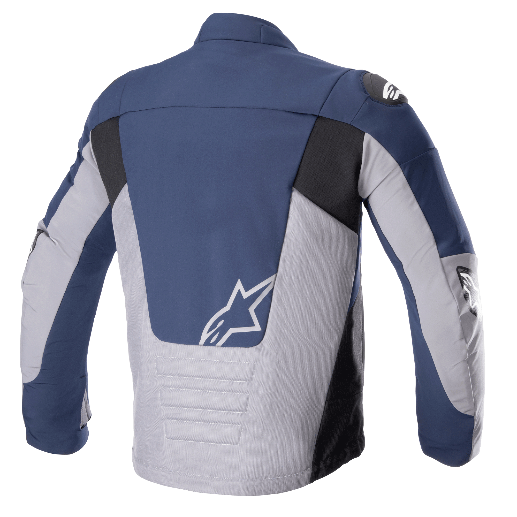 Alpinestars SMX Wasserdichte Jacke, Rückansicht, Night Navy und Dunkelgrau, mit Farbblock-Einsätzen in Marineblau und Hellgrau sowie schwarzen Akzenten, weißem Stern-Logo auf dem unteren Rücken und gepolsterten horizontalen Steppnähten.