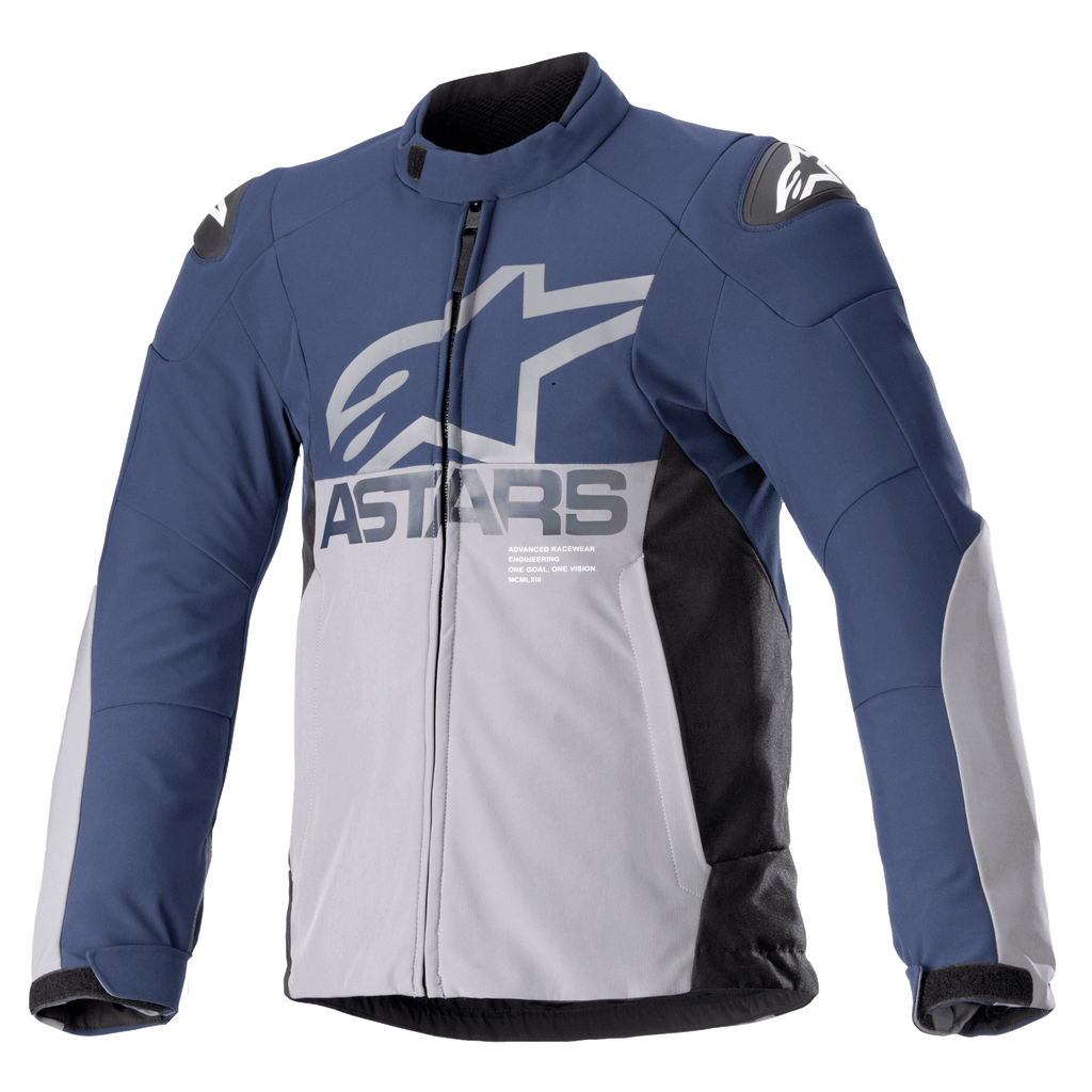 Alpinestars SMX Wasserdichte Jacke, Motorradjacke, Nachtblau und Dunkelgrau mit schwarzen Seitenteilen, großes graues ASTARS-Logo auf der Brust, weiße Stern-Logos auf den Schultern, hoher Kragen, verstellbare Klettverschluss-Manschetten, gepolsterter Protektorenschutz, durchgehender Reißverschluss