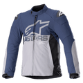Alpinestars SMX Wasserdichte Jacke, Motorradjacke, Nachtblau und Dunkelgrau mit schwarzen Seitenteilen, großes graues ASTARS-Logo auf der Brust, weiße Stern-Logos auf den Schultern, hoher Kragen, verstellbare Klettverschluss-Manschetten, gepolsterter Protektorenschutz, durchgehender Reißverschluss