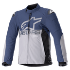 Alpinestars SMX Wasserdichte Jacke, Motorradjacke, Nachtblau und Dunkelgrau mit schwarzen Seitenteilen, großes graues ASTARS-Logo auf der Brust, weiße Stern-Logos auf den Schultern, hoher Kragen, verstellbare Klettverschluss-Manschetten, gepolsterter Protektorenschutz, durchgehender Reißverschluss
