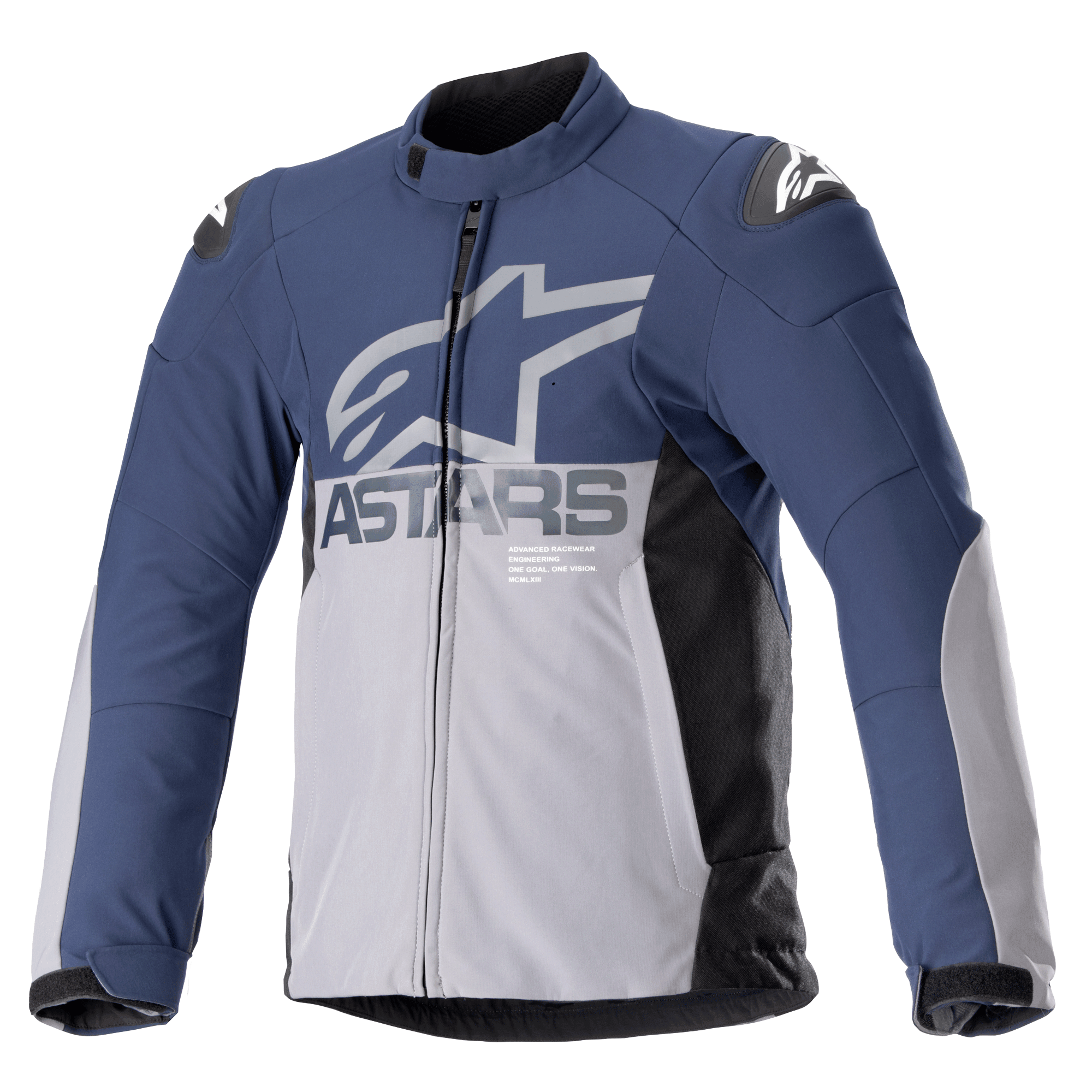 Alpinestars SMX Wasserdichte Jacke, Motorradjacke, Nachtblau und Dunkelgrau mit schwarzen Seitenteilen, großes graues ASTARS-Logo auf der Brust, weiße Stern-Logos auf den Schultern, hoher Kragen, verstellbare Klettverschluss-Manschetten, gepolsterter Protektorenschutz, durchgehender Reißverschluss