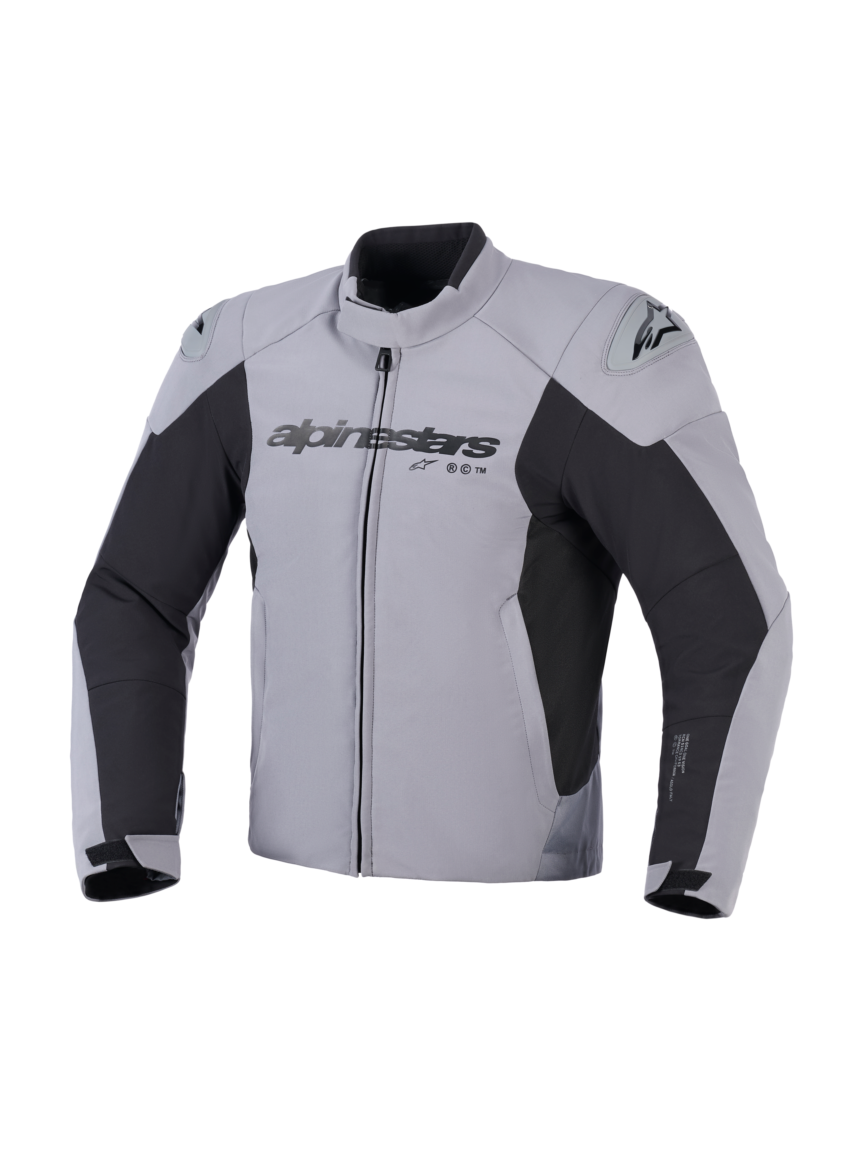 Alpinestars SMX Waterproof Jacket, Motorcycle Riding Jacket, Dark Gray and Black, front view featuring Alpinestars logo on chest and DFS Lite shoulder sliders, sport fit textile design for road riding