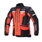 Alpinestars Honda Bogotá Pro Drystar® motorjas, adventure touring motorjas, felrood en zwart met witte accenten, met meerdere ritsen, opbergzakken, verstelbare banden en logo's van Honda en Alpinestars
